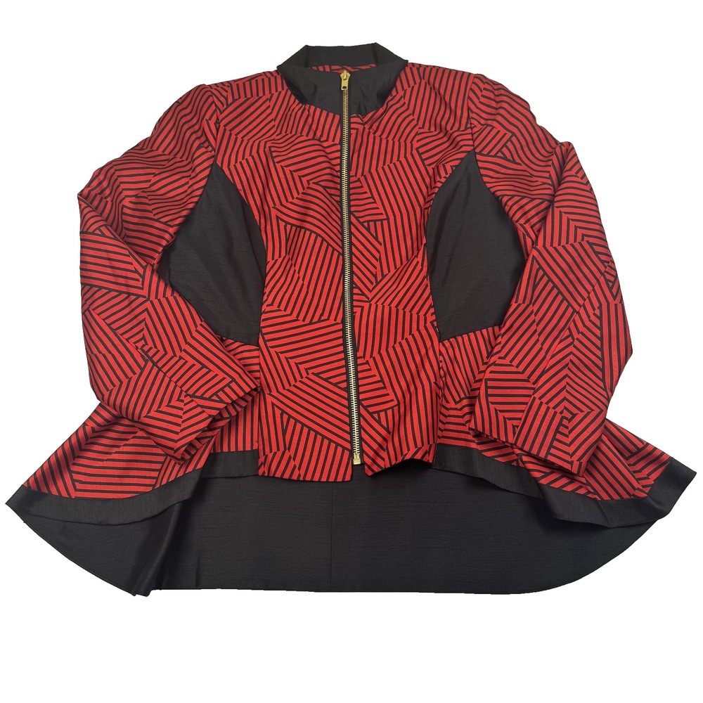 GMI Jacket Womens 14 Red Black Geometric Blazer Zip Front High Low Hem Polyester